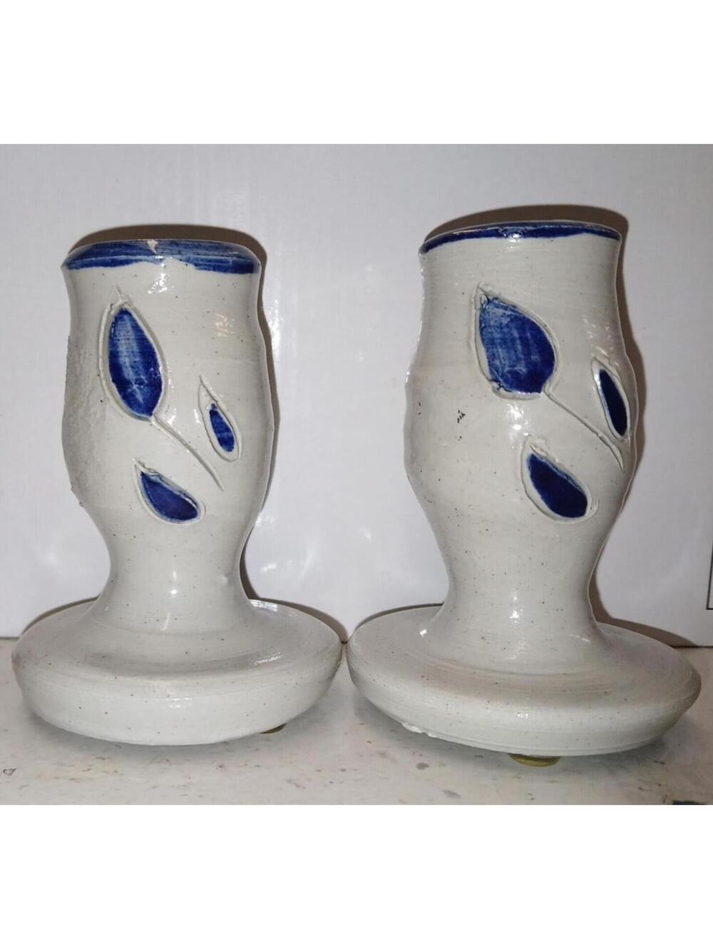 Pair of Vintage Williamsburg Pottery Candle Holders with Blue Leaf Design